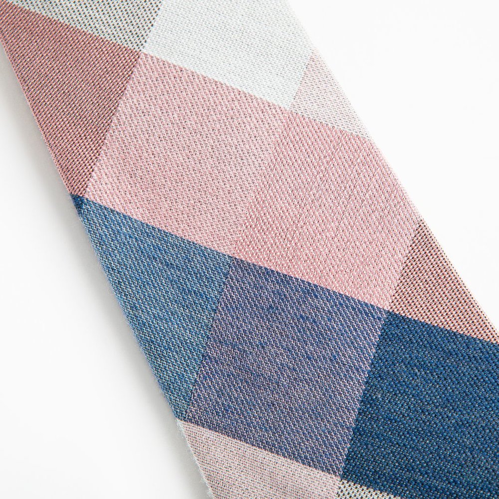 NEW! Pink Blue Narrow Check Print Silk Tie - Picture 2 of 6
